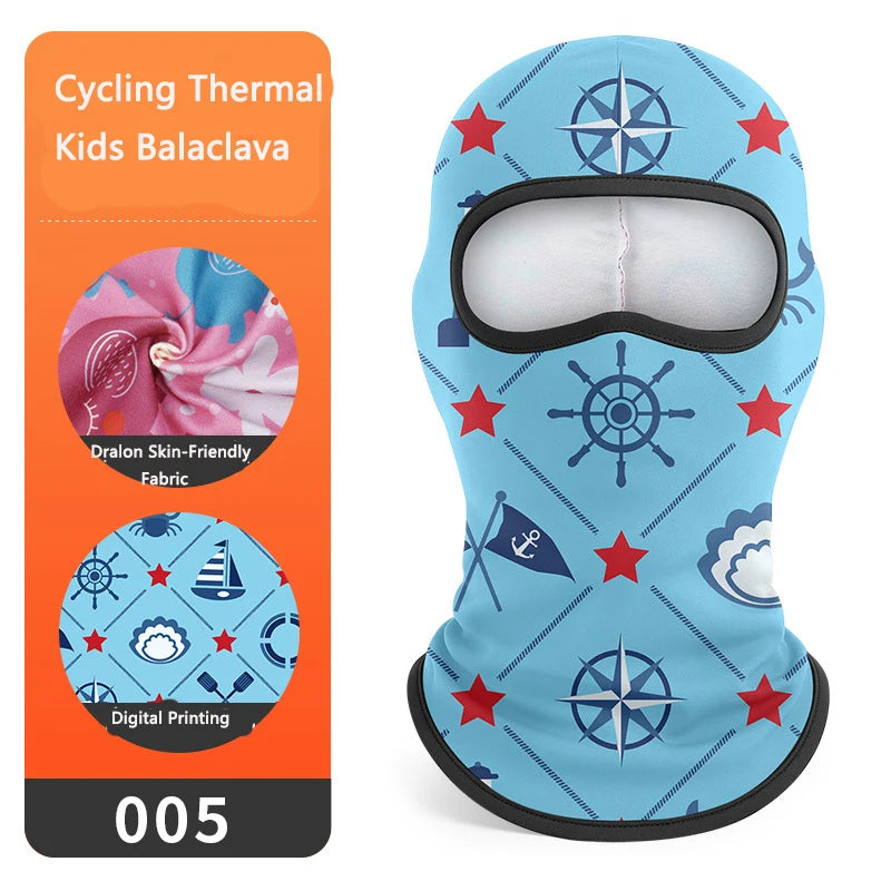 Blue cycling thermal kids balaclava mask with a compass design and red stars