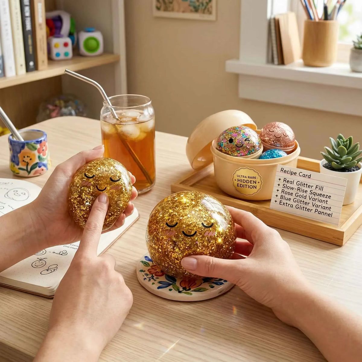 Manos sostienen un juguete antiestrés de dumpling brillante dorado que sube lentamente sobre una mesa de madera.