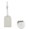 A classic light beige PU leather luggage tag with a rectangular shape and a metal clip.