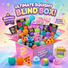 Bunte Blindbox mit weichen Spielzeugen unterschiedlicher Texturen und Formen in pinker Box