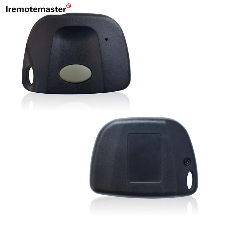 A black garage door remote control with a round sensor visible from the top and side.