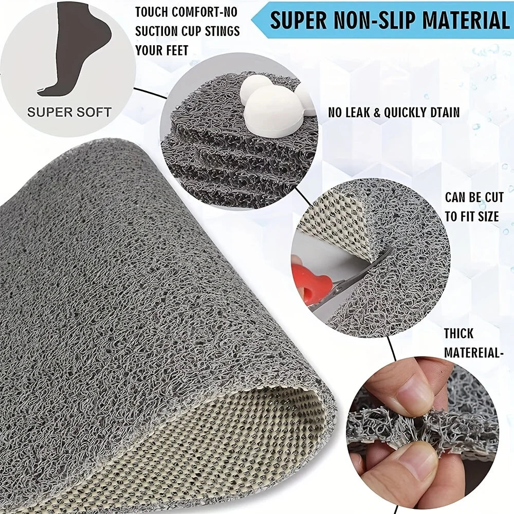Roll of gray non-slip bathroom floor mat material showing texture and thickness