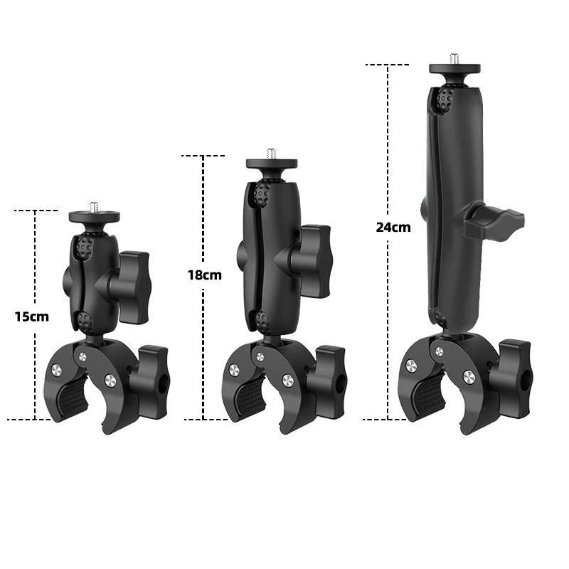 Black universal action camera clamp mount for bike and motorcycle handlebars shown in various sizes