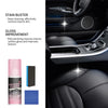 A bottle of polishing cleaner next to a close-up view of a car interior showing gloss improvement.