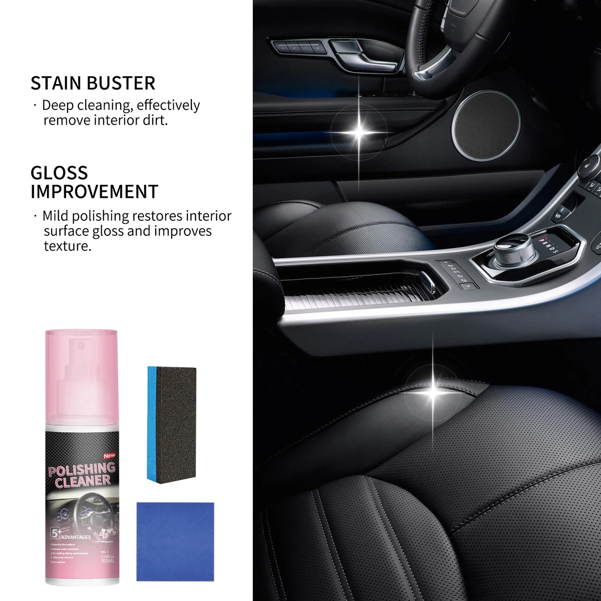 A bottle of polishing cleaner next to a close-up view of a car interior showing gloss improvement.