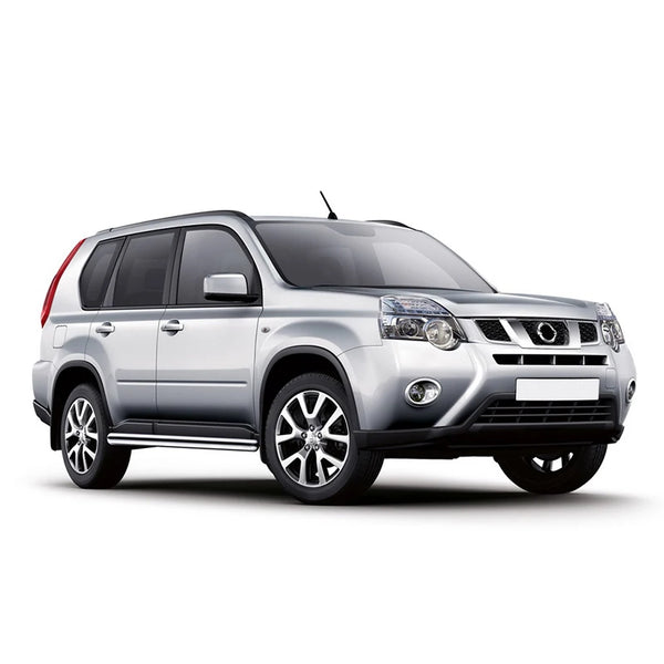 Silver Nissan Rogue/X-Trail T31 SUV with matte black window deflectors installed.