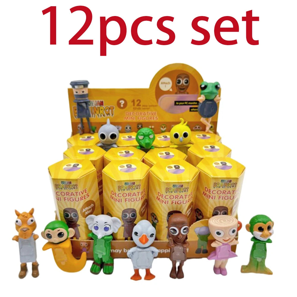 A 12 piece set of colorful mini figures and accessories for a blind box product.