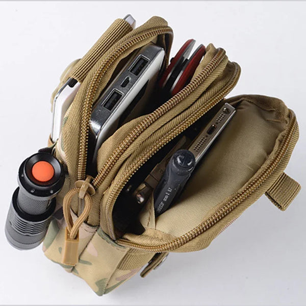 A tan tactical leg bag filled with various tools and gear for outdoor activities.