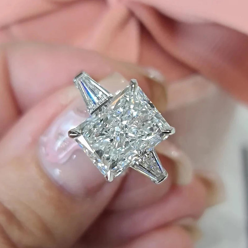 Radiant Cut Moissanite Engagement Ring with Baguette Side Stones
