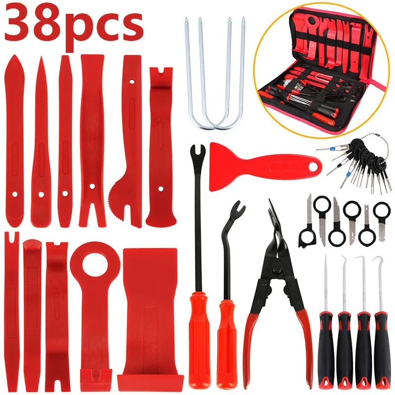 A collection of 38 auto trim removal tools in red and black, including various specialized implements and a storage bag.