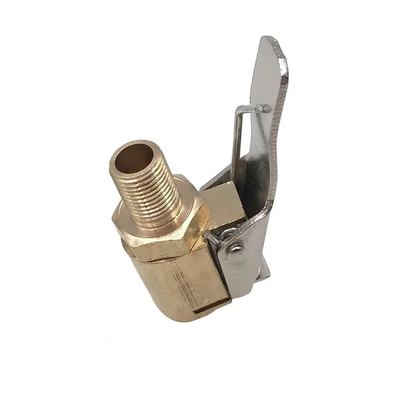 Brass tire inflator chuck with a clip-on valve connector and metal clip.