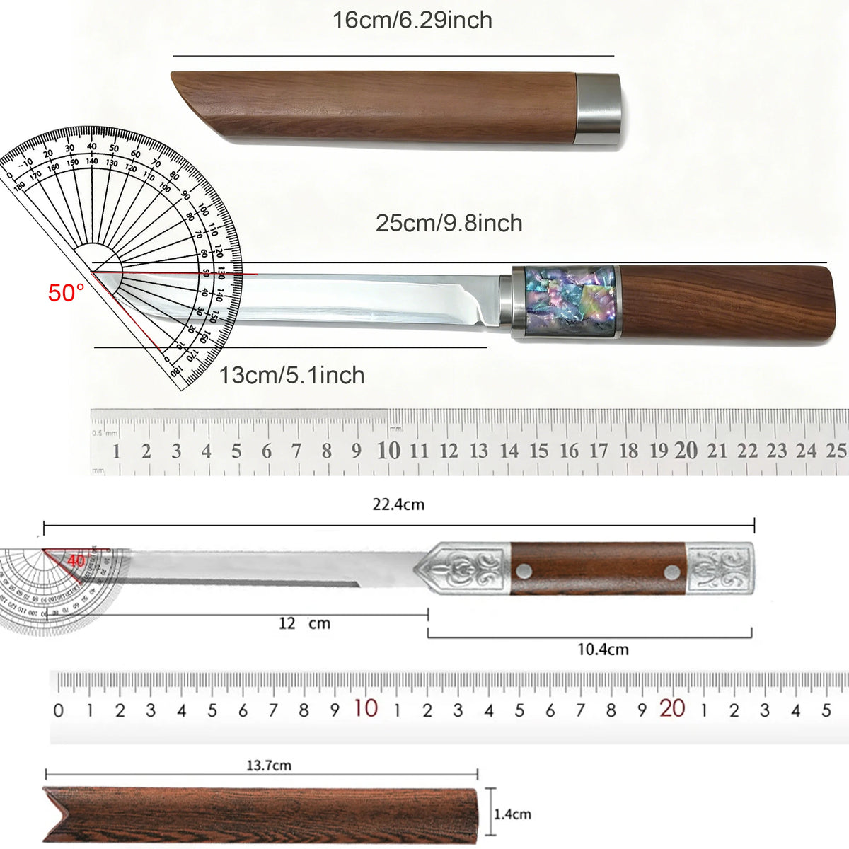 A hand-forged Japanese style kitchen knife shown with various dimensions and a scale.