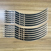 A set of black sport stripe vinyl decals for motorcycle wheel rims.