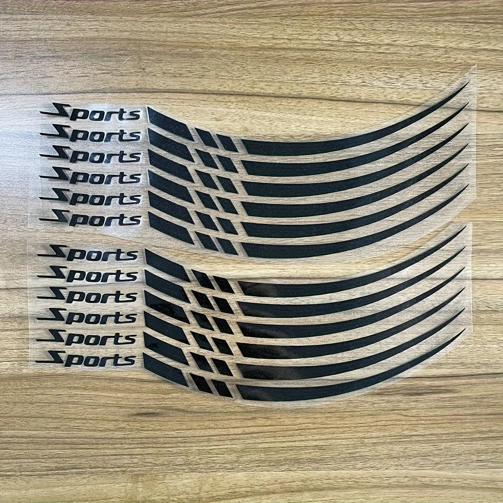 A set of black sport stripe vinyl decals for motorcycle wheel rims.