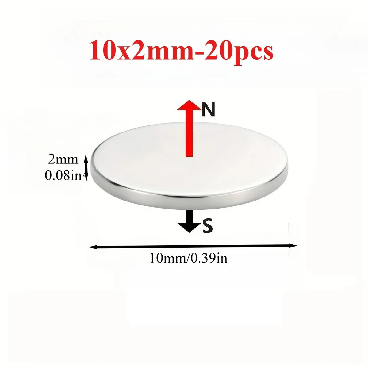 A round, silver magnetic sticker with a 2mm thickness and a 10mm diameter.