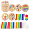 A collection of wooden color sorting toys for toddlers, including stacking rings and slotted boards.