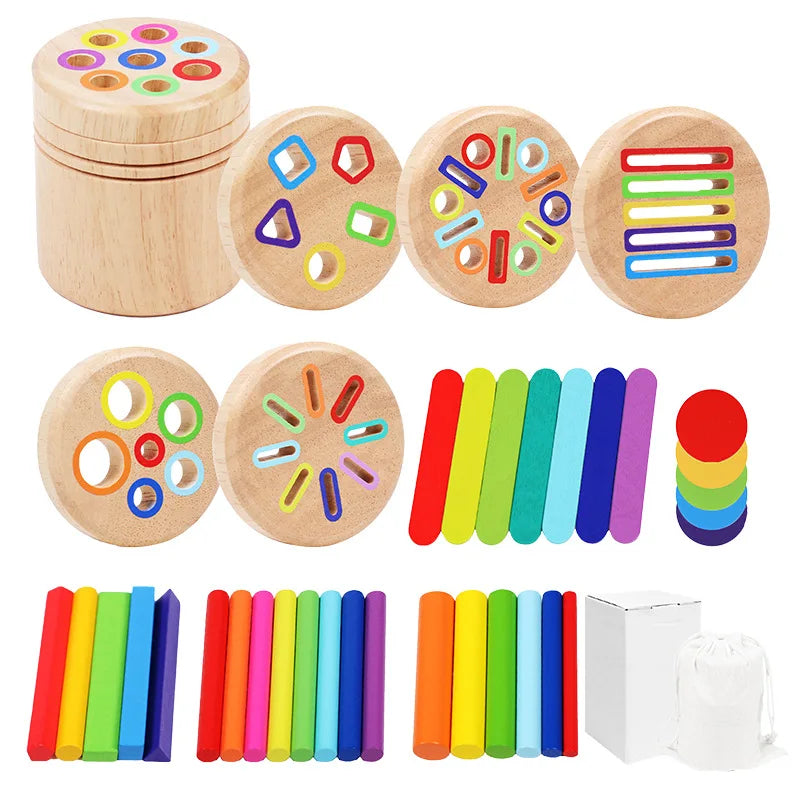 A collection of wooden color sorting toys for toddlers, including stacking rings and slotted boards.