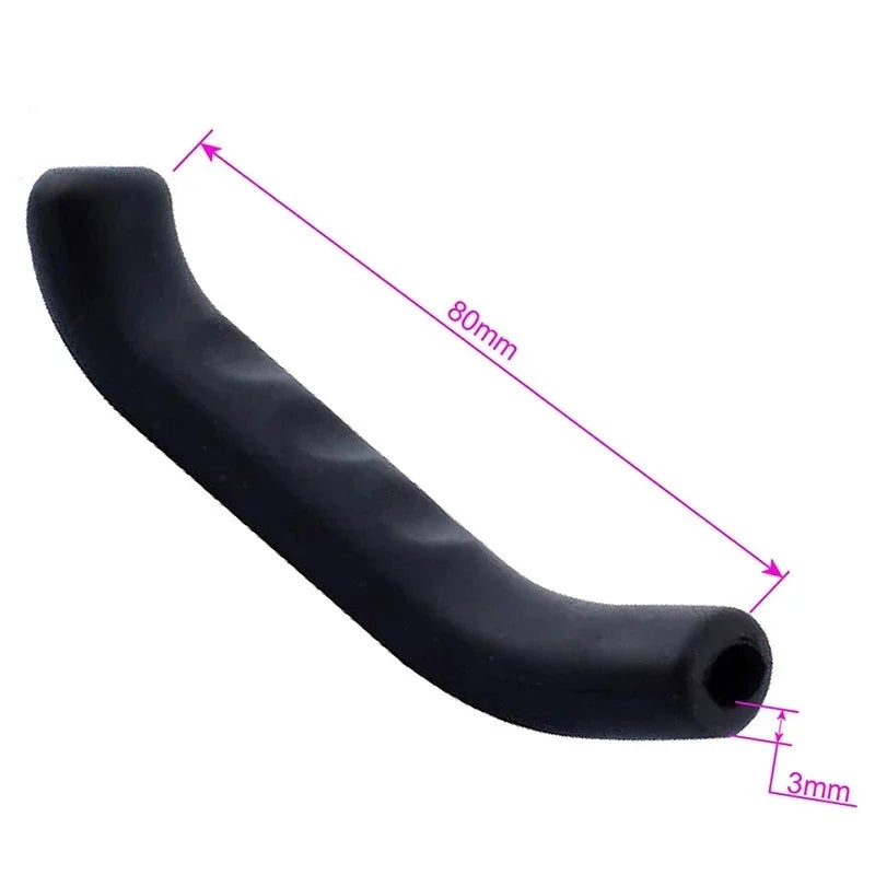 Black silicone bicycle brake lever covers with a 80mm length and 3mm diameter.