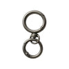 A close-up view of a round, silver metal snap hook with a swivel design.