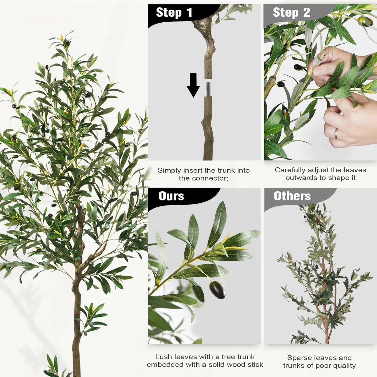 Lifelike Artificial Olive Tree in Black Pot with Natural Wood Trunk