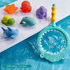 A set of six colorful animal bath toys, including a yellow fox, red bird, purple elephant, green turtle, blue shark, and a ye
