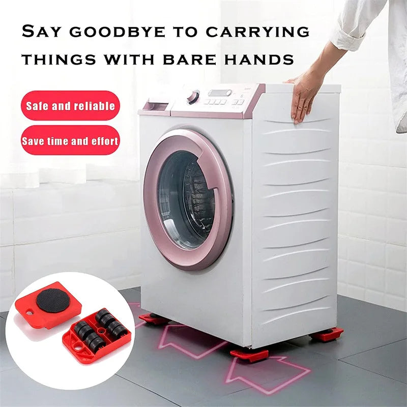 A white washing machine is shown with a pink door, next to red components for a furniture moving kit.
