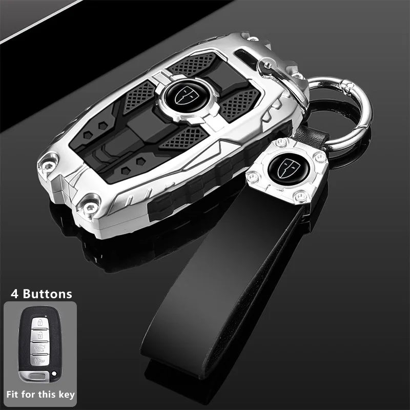A silver protective key fob cover for Hyundai and Kia models shown against a dark background.