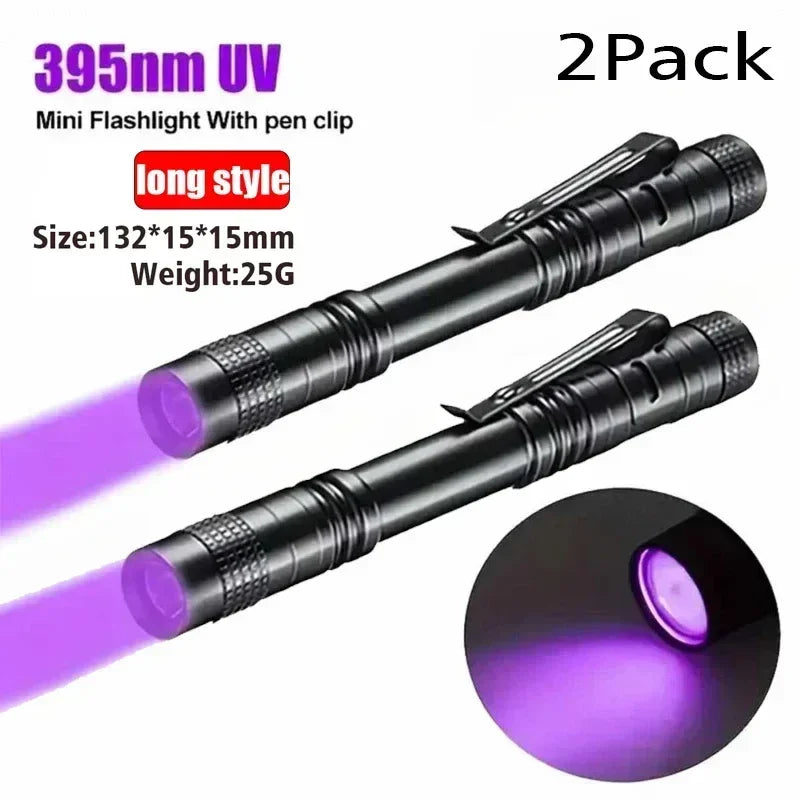 A black mini flashlight with a pen clip emitting purple UV light, shown in a long style and close-up view.
