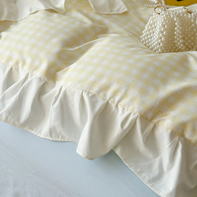 Pink Checkered Lace Duvet Cover Set (3 Pieces)