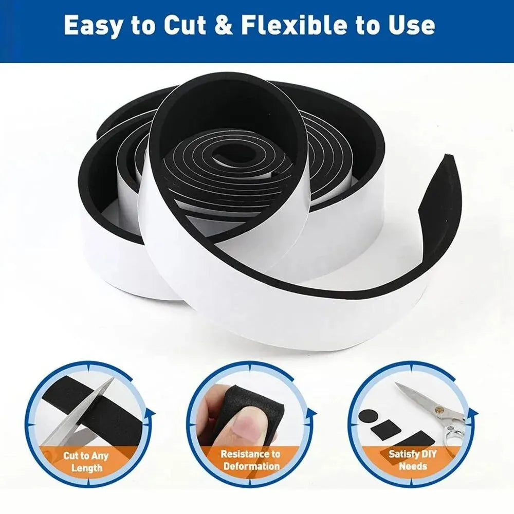 Rolls of black EVA foam tape used for sealing and cushioning