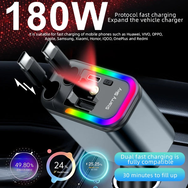 Chargeur auto rétractable 4-en-1 avec charge rapide 180W