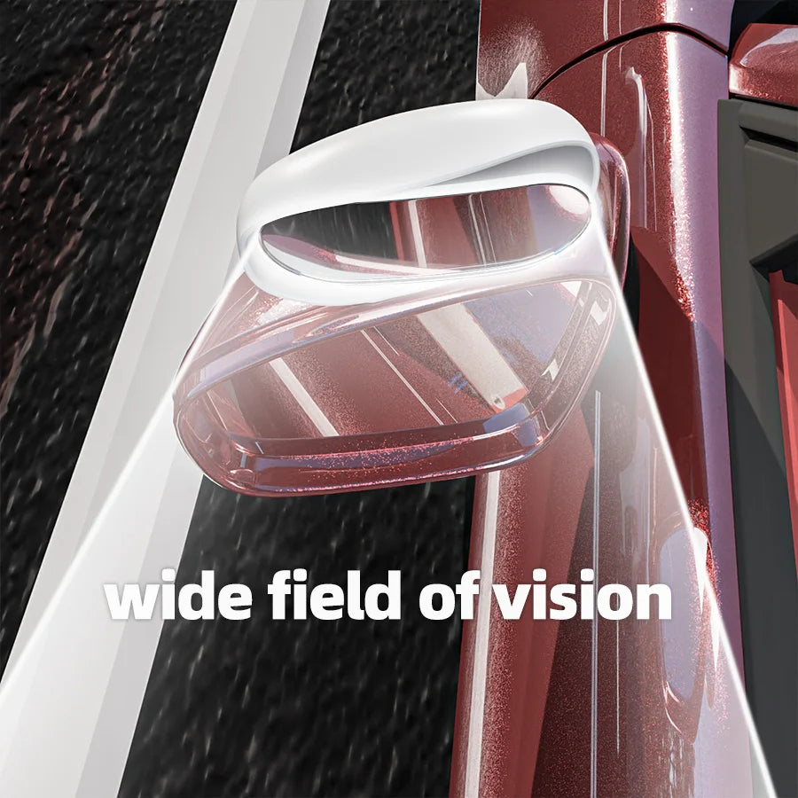 A clear, wide-angle car blind spot mirror is shown mounted on a vehicle's exterior.