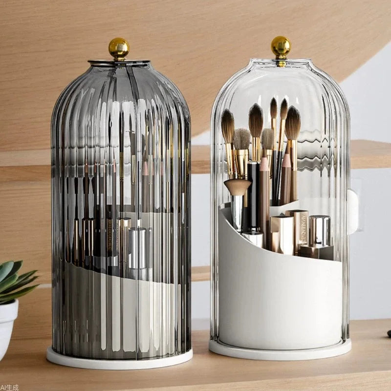 A clear cylindrical makeup brush holder with a dustproof lid and rotating brushes displayed on a wooden shelf.