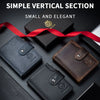 A simple vertical section of a black genuine leather wallet shown with various leather accessories.