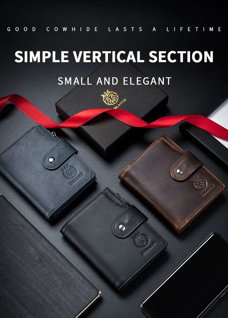 A simple vertical section of a black genuine leather wallet shown with various leather accessories.