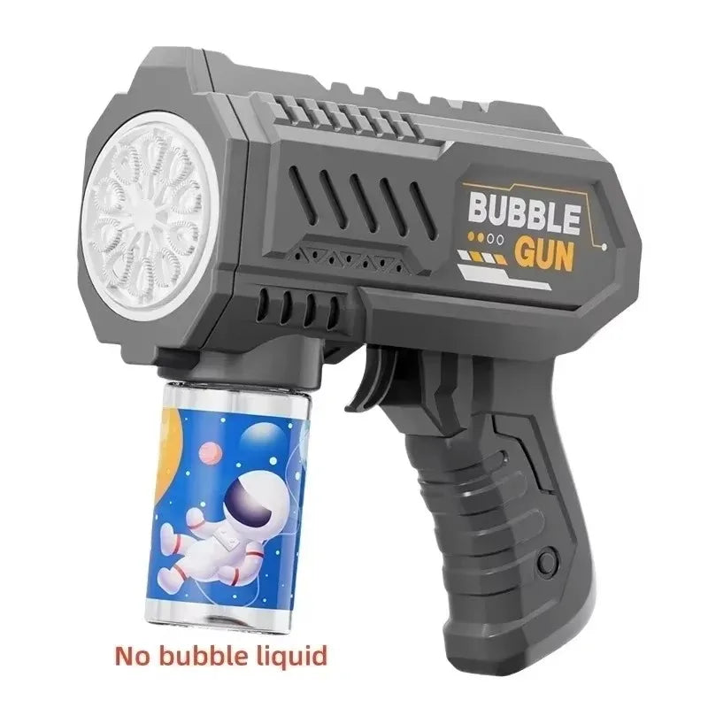 A gray bubble gun toy with a clear lens and an astronaut design, shown against a white background.