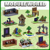A collection of modular building blocks and structures made from various colored bricks and pieces.