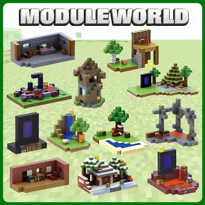 A collection of modular building blocks and structures made from various colored bricks and pieces.