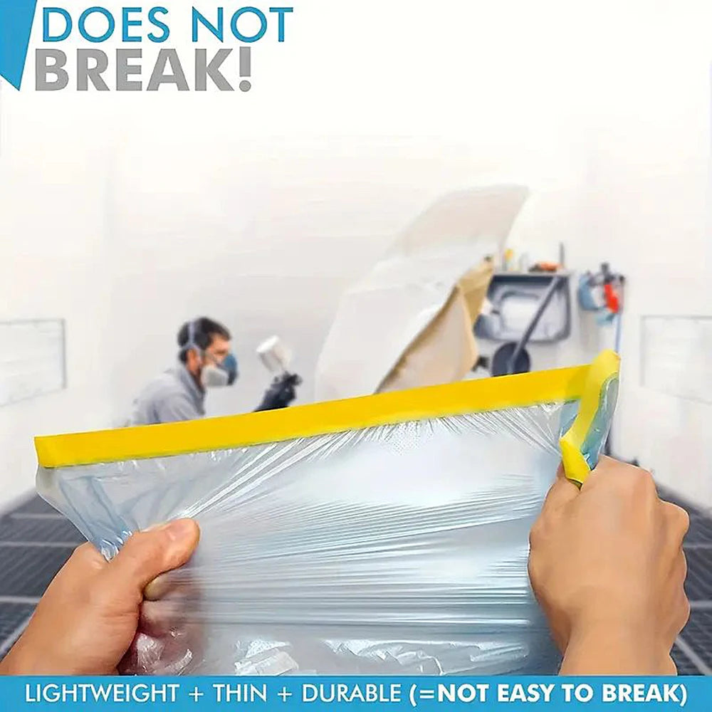 A hand is wrapping a clear plastic film around a surface, demonstrating the durability of pre-taped masking film.