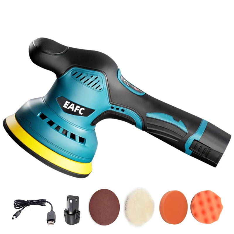 A cordless electric car polisher tool in blue and black with various polishing pads shown below.