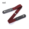 A maroon stretch elastic belt with a black leather buckle shown against a white background.