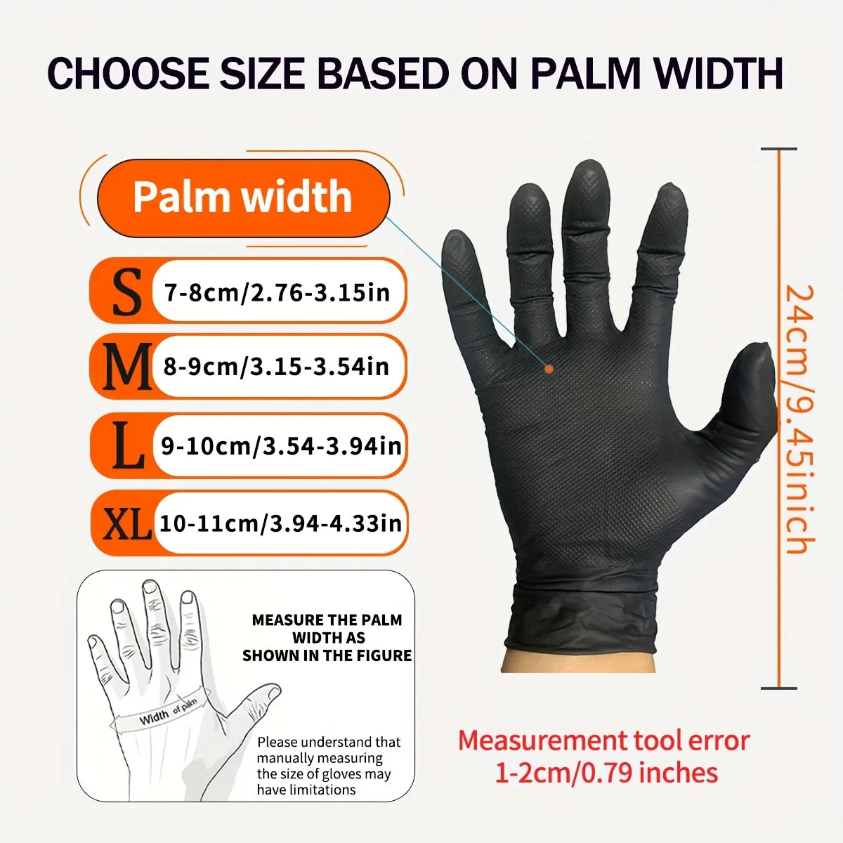 Guide showing how to choose glove size based on palm width measurements for disposable nitrile gloves