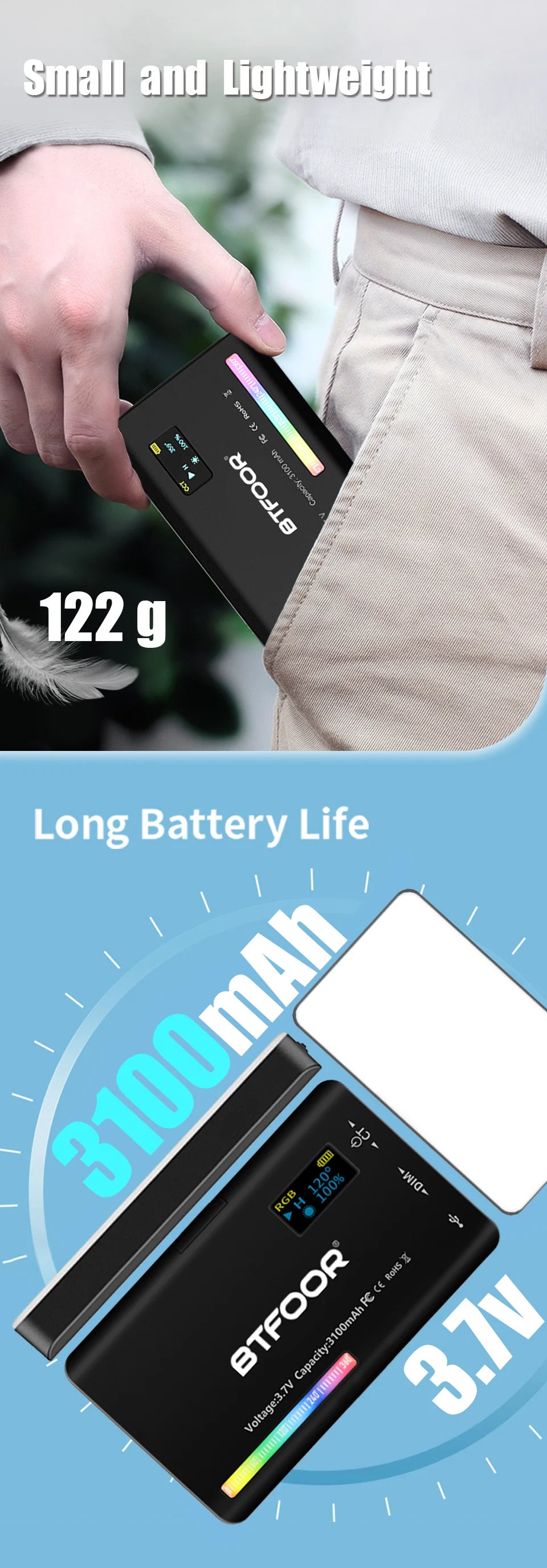 A hand holds a black BTFOOR portable RGB LED video light panel, highlighting its small size and long battery life.
