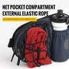 A navy blue sports fanny pack with an external elastic rope compartment and a white bottle holder is shown.