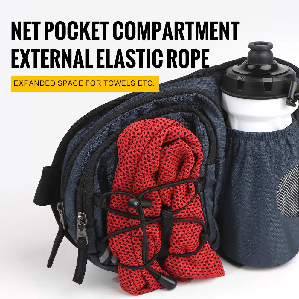 A navy blue sports fanny pack with an external elastic rope compartment and a white bottle holder is shown.