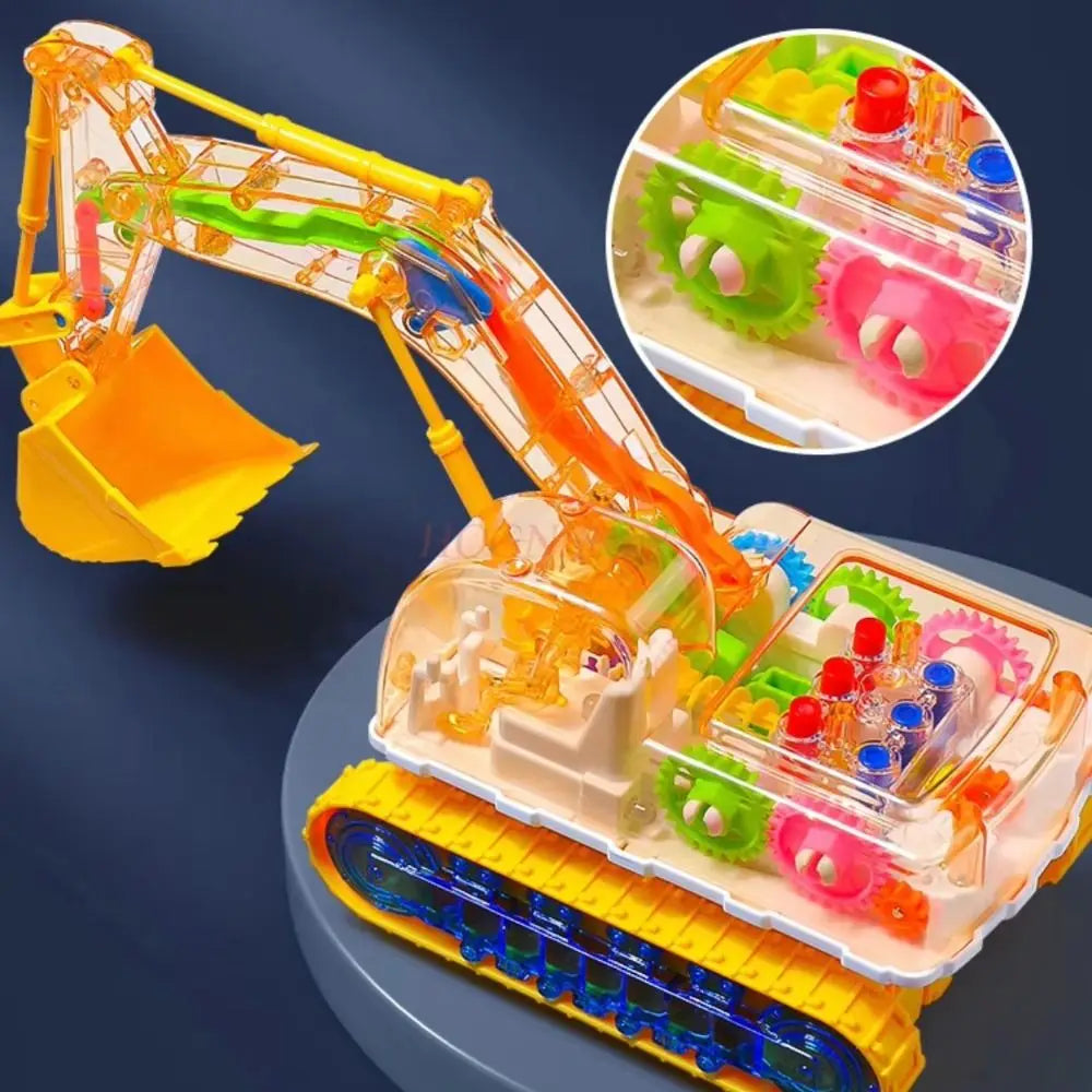 A transparent gear excavator toy with LED lights is shown in a close-up view, featuring bright colors and mechanical componen