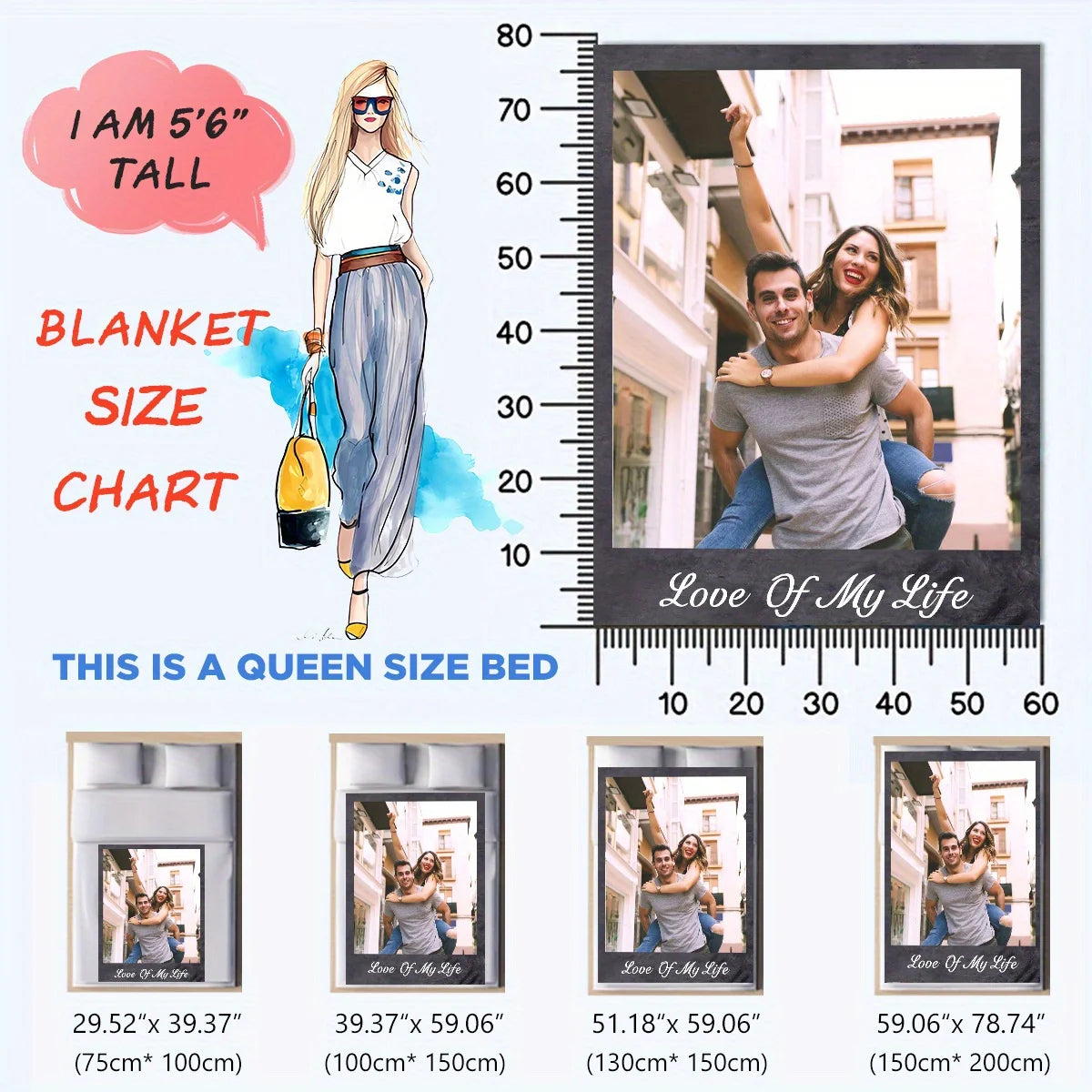 A personalized photo blanket featuring a couple, available in Queen size bed dimensions.