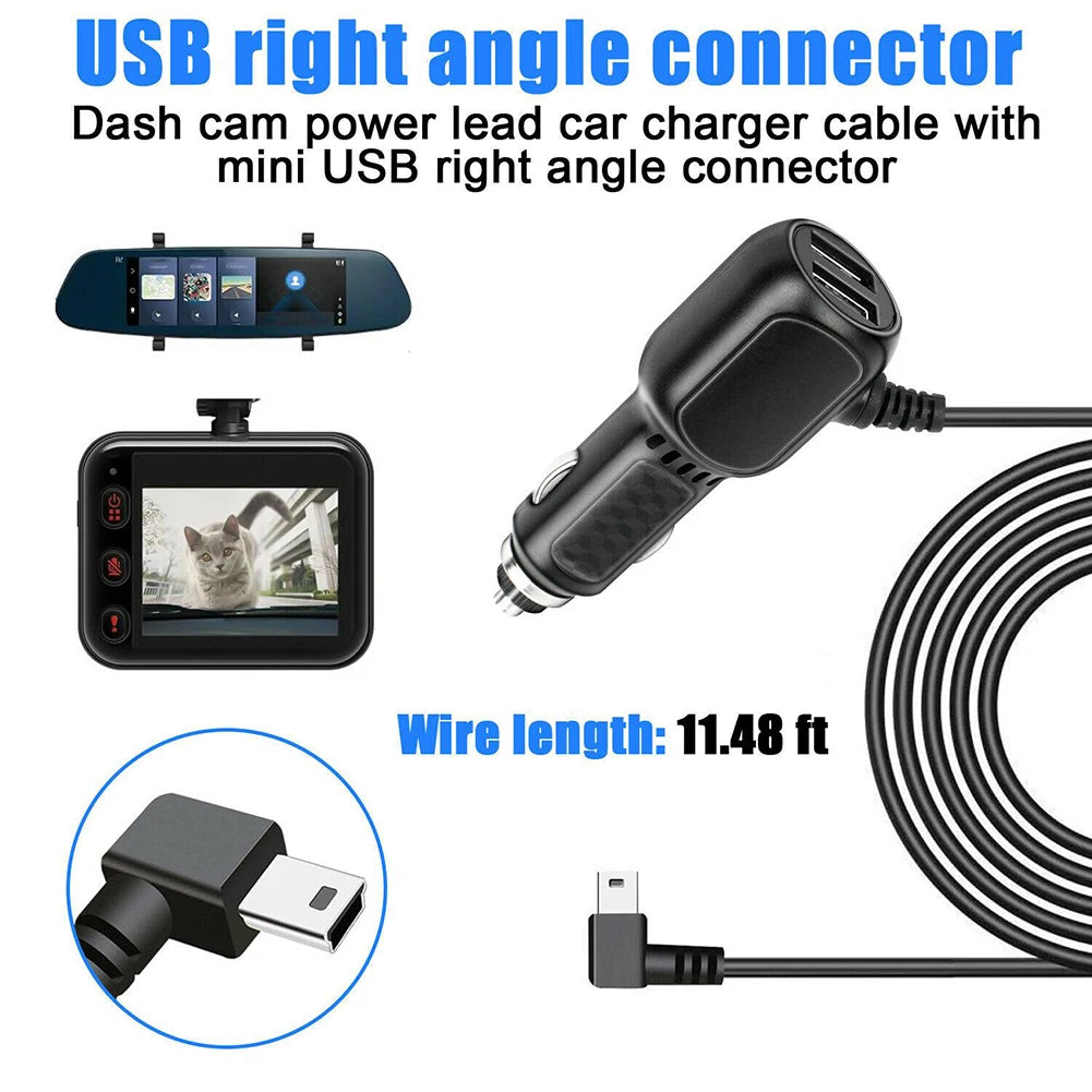 A black USB right angle connector and a dash cam power lead car charger cable with a mini USB right angle connector.