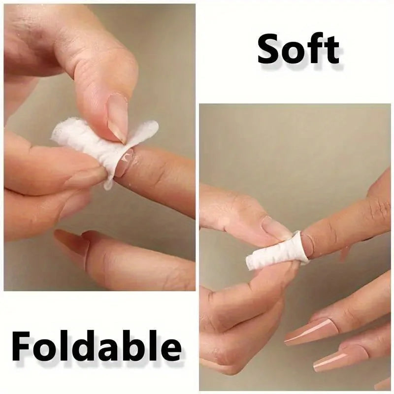 Close-up of soft and foldable lint-free cotton rounds being used for nail care.