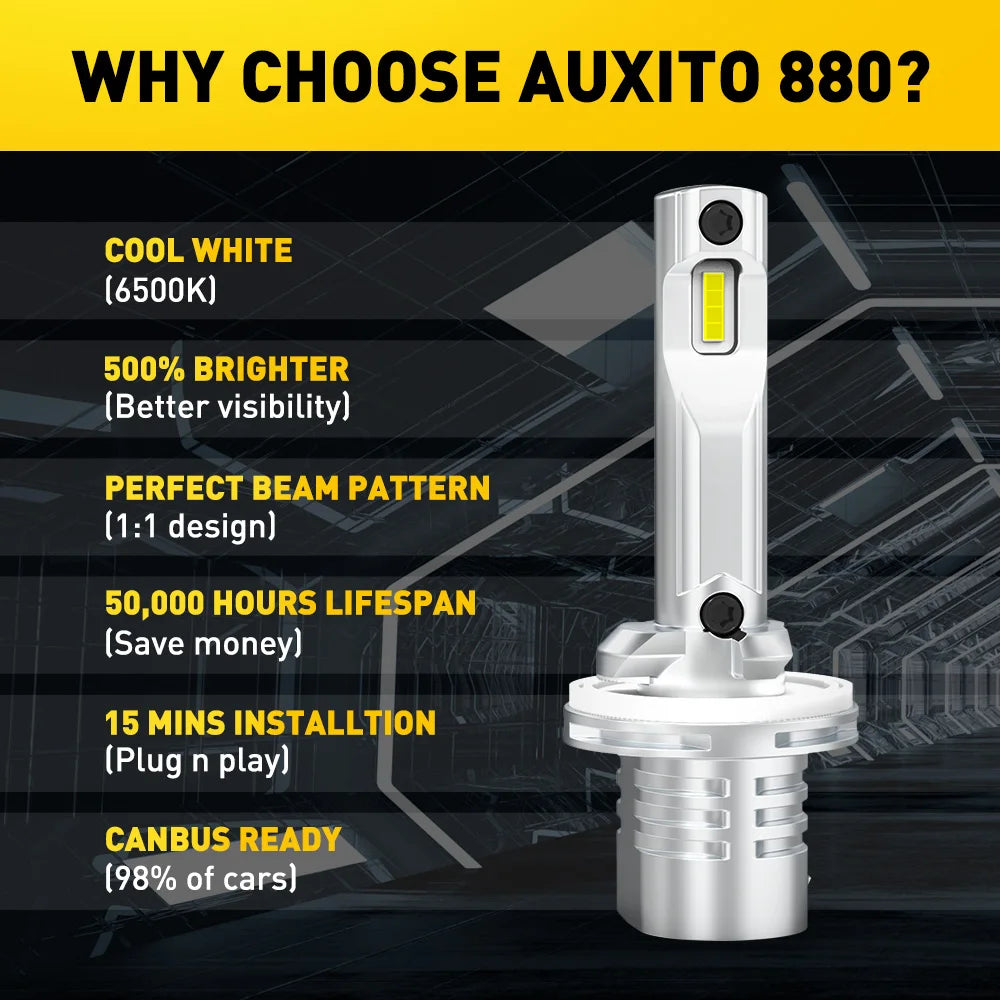 A close-up view of an Auxito 880 LED fog light bulb, highlighting its design and features.